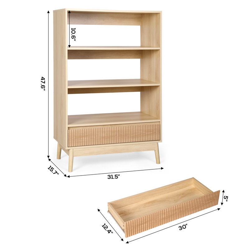 3 Tier Bookcase With Grooved Wooden Storage Drawer, 47.6" H x 31.5" W x 15.7"D