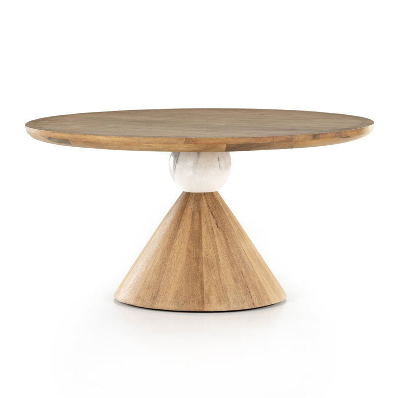 Bibianna Round Solid Wood Dining Table, Smoked Honey/Honed White Marble