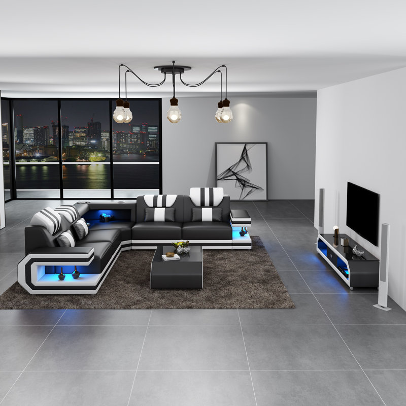 Lightsaber Sectional, Black/White Genuine Leather