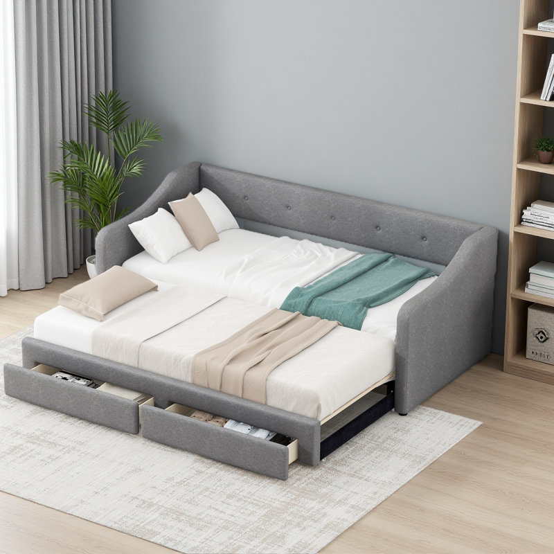 Lit de jour simple tapissier très grand avec deux tiroirs, Grey