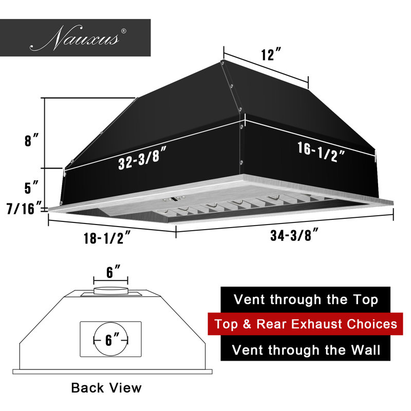 Nauxus 36" Stainless Steel 600 CFM Ducted (Vented) Insert Range Hood with Charcoal Filter