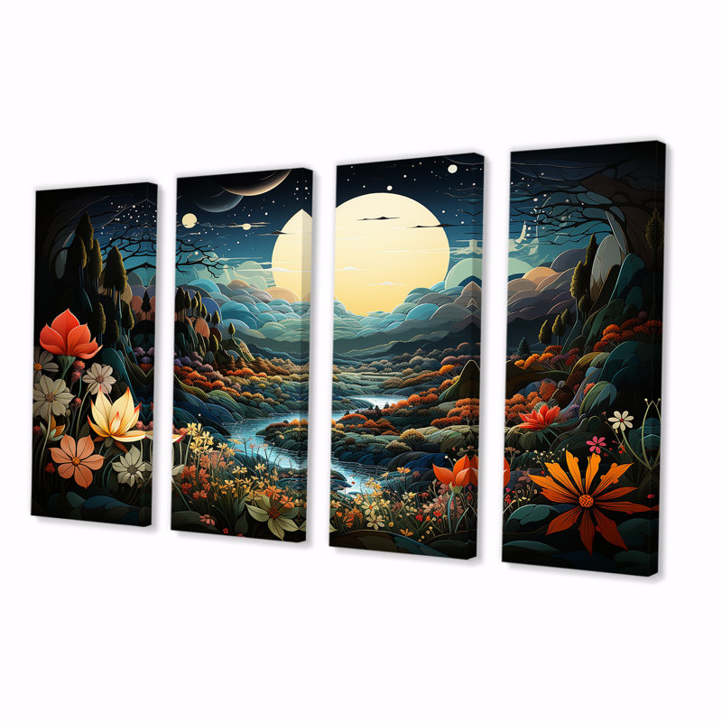 «Yellow Enchanted Meadows Fantasy III - Abstract Landscape», art mural 4 pièces, H 28 po x l 48 po