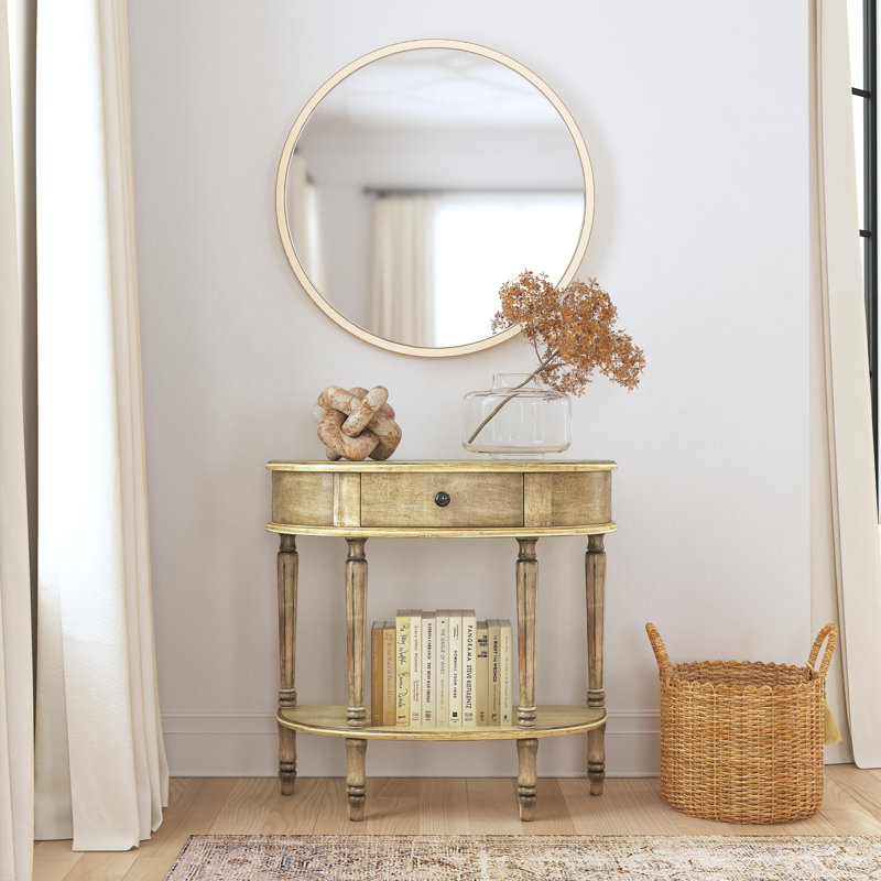 Mozart Demilune Console Table with Storage, Antique Beige