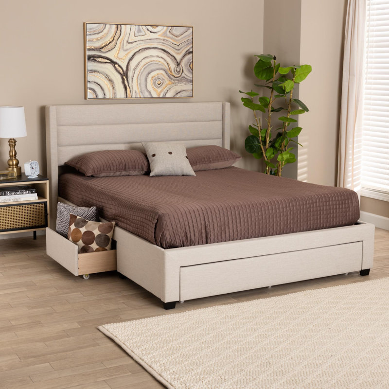 Upholstered Wingback Bed with Drawers, Queen, Beige