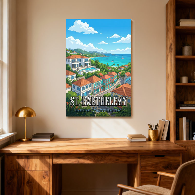 Scène de ville côtière tropicale à St Barthelemy, H 40 po x l 28 po