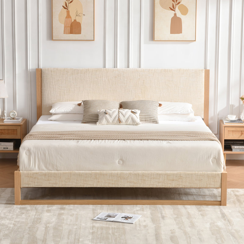 Structure de lit en bois massif avec tête et pied de lit rembourrés en mélange de lin, King, Beige