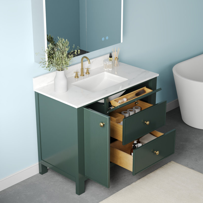 42'' Single Bathroom Vanity with Engineered Stone Top, Undermount Sink, 3 Drawers, and Backsplash, Vintage Green