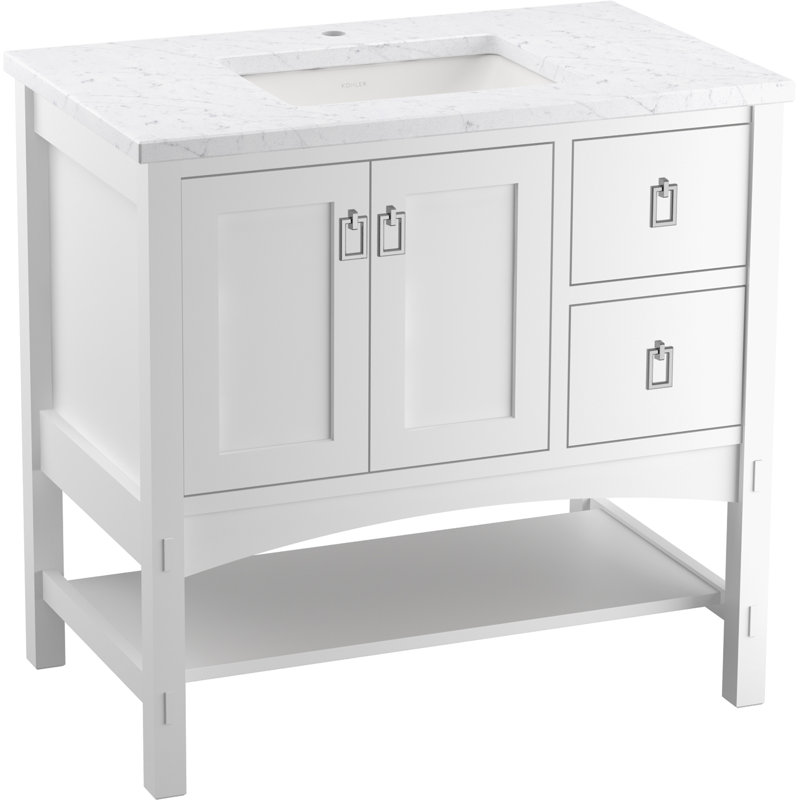 Meuble-lavabo 36 po avec comptoir en quartz Marabou, lavabo et quincaillerie inclus, Lin blanc