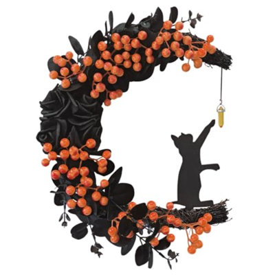 Couronne d'Halloween Spooky - 2025 nouveau chat noir lune avec décor de lumières pour mur de fête intérieur extérieur, conception unique de couronne de lune en croissant, décorations d'Halloween parfaites pour la porte d'entrée (orange)