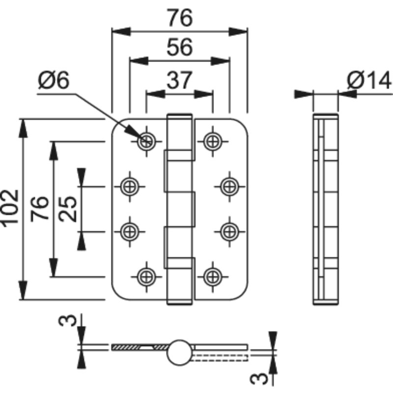 10cm H x 8cm W Butt Bearing Single Door Hinge