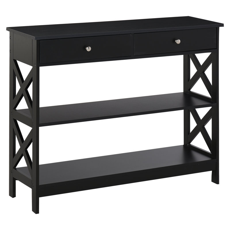 HOMCOM Console Table Side Desk with Shelves Drawers X Support Frame, Black