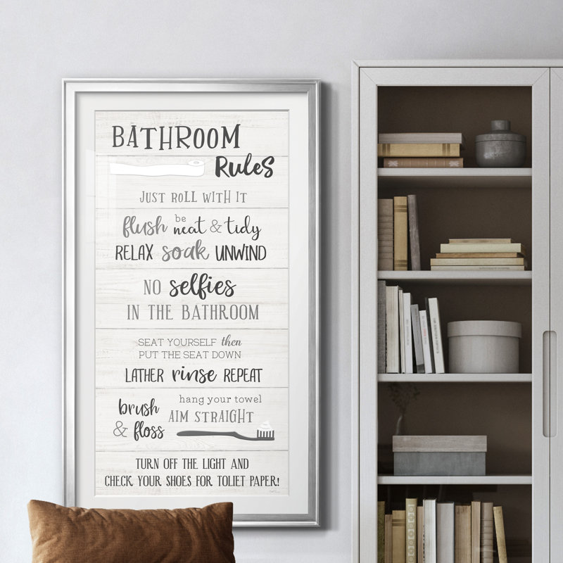 "Bathroom Rules" - Art textuel avec cadre photo, H 22,5 po x l 42,5 po x P 1,5 po, Argent