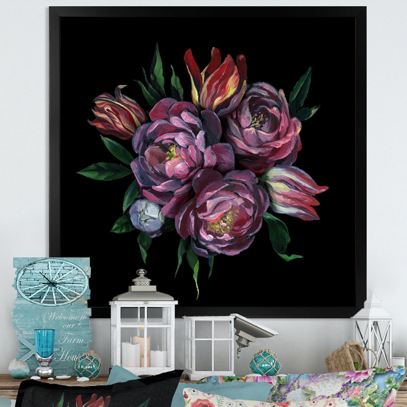 Bouquet pastel mauve et rose, Impression noire sur toile encadrée, H 16 po x l 16 po x P 1,5 po