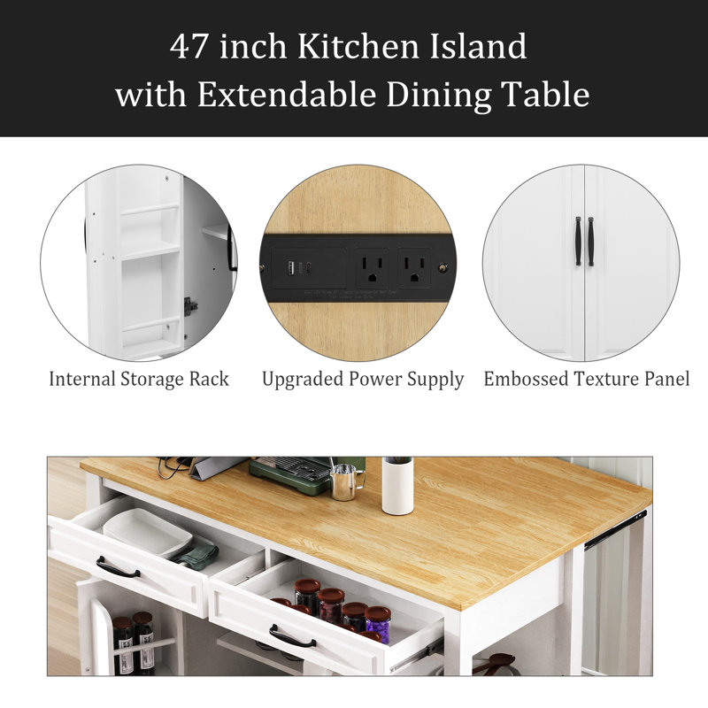 Îlot de cuisine de 47 po avec table de salle à manger extensible, table de cuisine en placage de bois d'hévéa avec support de rangement interne, prise de courant, îlot de cuisine avec rangement 2 tiroirs et 2 armoires