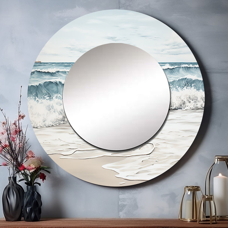 Semhar Beach Minimalisme paysage III - grand miroir de plage, décor de miroir mural rond gris unique, impression d'art en métal