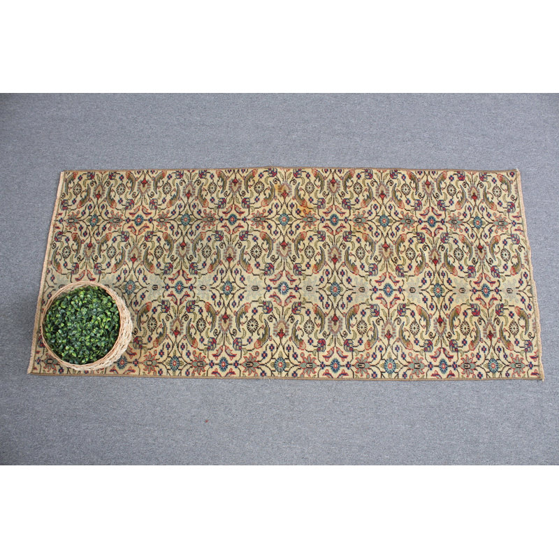 Vintage Turkish Beige Floral Rug: Antique Small Kurdish Door Mat for Home Entryway Decor