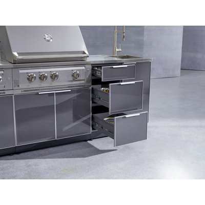 Ensemble d'armoires d'extérieur en aluminium noir 5 pièces avec évier, 3 tiroirs, armoire de barbecue, gril au propane liquide 36 po, comptoir en acier inoxydable 16 po et robinet chromé
