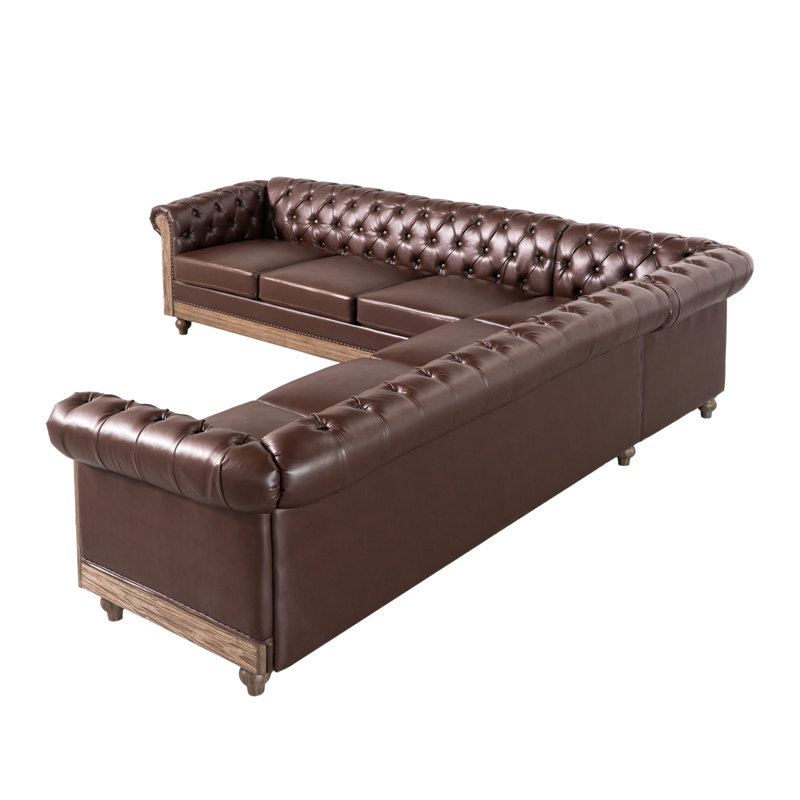 Grand canapé modulaire confortable avec pieds en bois Mirod, Simili cuir brun foncé