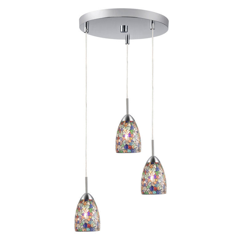 Luminaire suspendu grappe 3 lumières Isaak, Nickel satiné, Multicolore mosaïque