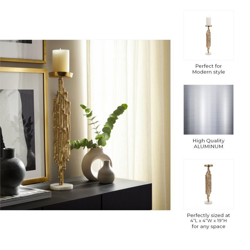 Modern Metal and Marble Pillar Candle Holder - Contemporary Sculptural Design with Textured Aluminum and Stone Accents for Decorative Display - Single Freestanding Minimalist Candle Stand