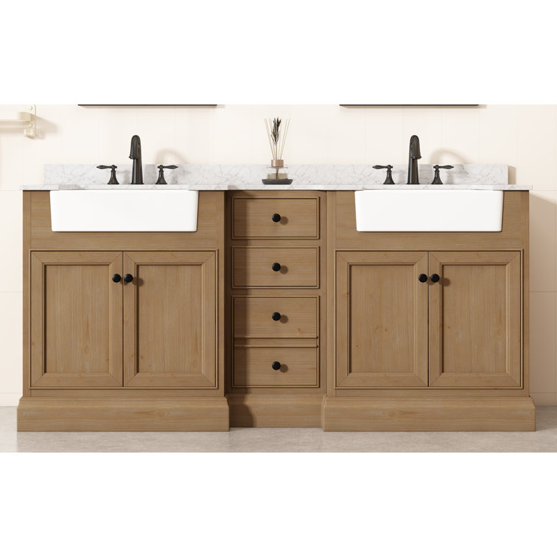 Maxbano 72" Double Bathroom Vanity With White Rectangular Sinks, Carrera Marble