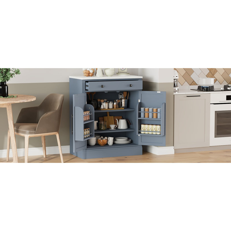 [Vidéo d'assemblage fournie] Garde-manger autoportant moderne, rangement pour aliments Buffet, armoire à café avec tiroir, 2 tablettes réglables et 2 tablettes de porte pour la salle à manger, cuisine, gris Topmax