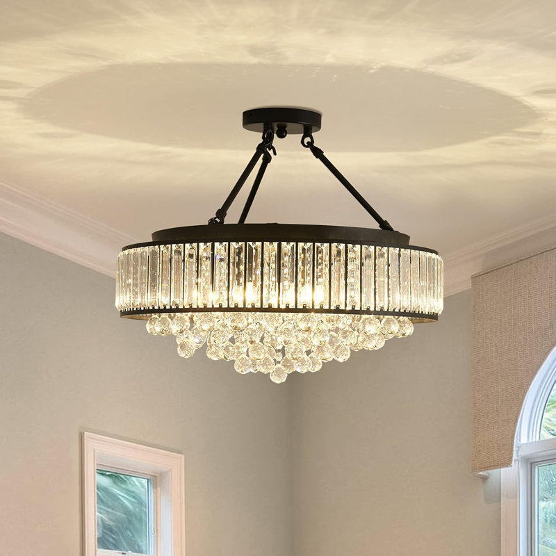 Plafonnier semi-encastré cylindrique 6 lumières 22,05 po de style lustre avec accents de cristal, Noir