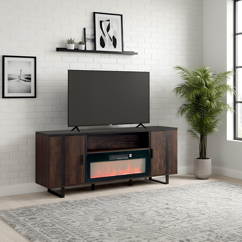 Modern Detachable Fireplace TV Stand, Dark Wood & Black, 183x39.5x76cm, Metal, Living & Media Room, Yes