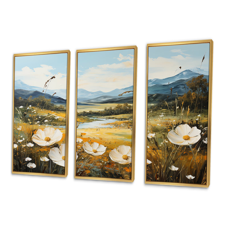 Ensemble de salon Buttercups Flowers Mountain Landscape I - Flowers, Cadre flottant doré, H 32 po x l 48 po x P 1 po