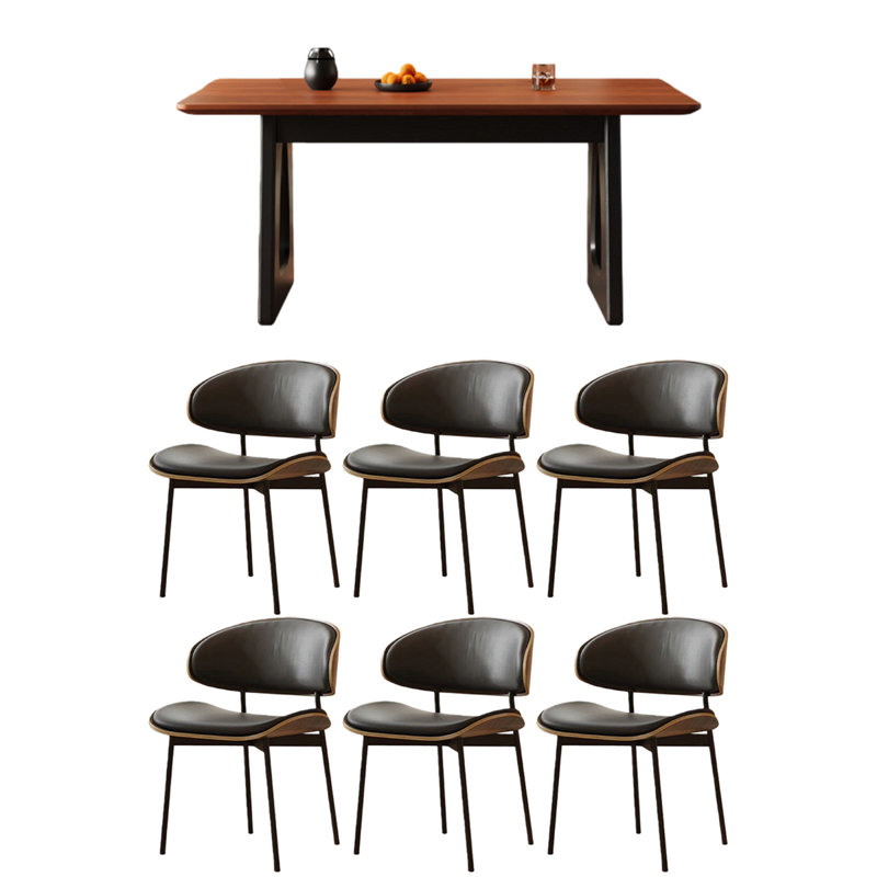 Table de salle à manger rectangulaire en bois massif avec pieds noirs, 7 pièces : table, 6 chaises