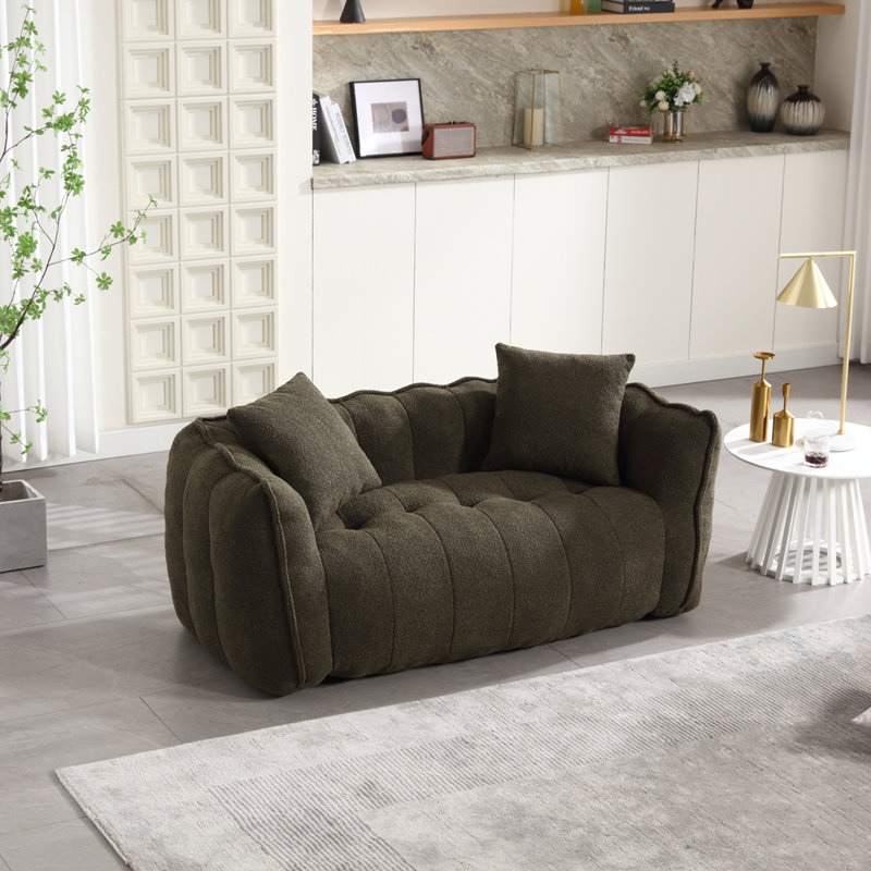Fauteuil à billes souple avec mousse très résistante, causeuse confortable, Chenille vert olive