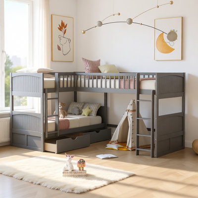 Twin Size Bunk Bed with Attached Loft, 2 Storage Drawers, Corner Space-Saving Design, Pine & MDF Construction, Versatile Play and Study Area for Kids
