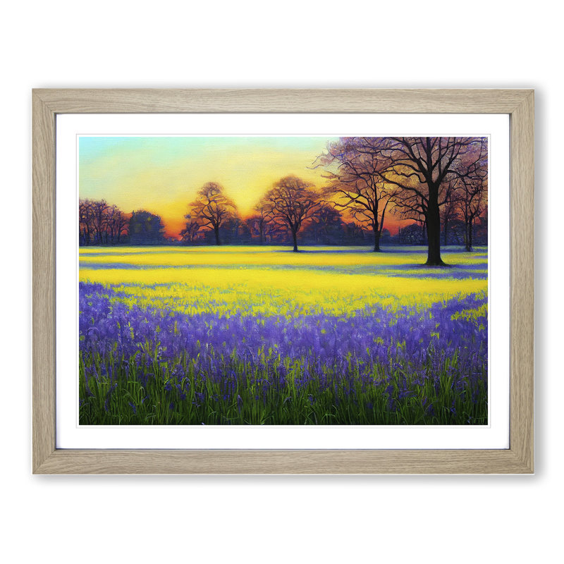 Inspiring Bluebell Field Sunrise - Framed Print, 25cm H x 34cm W x 2cm D, Oak Framed