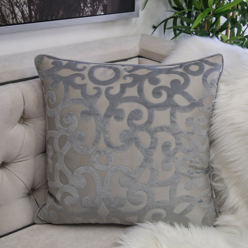 Damask Velvet Throw Pillow, Silver