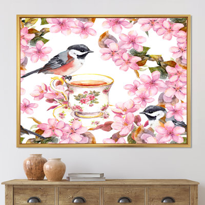 Tasse à thé oiseaux et fleurs - Peinture sur toile
