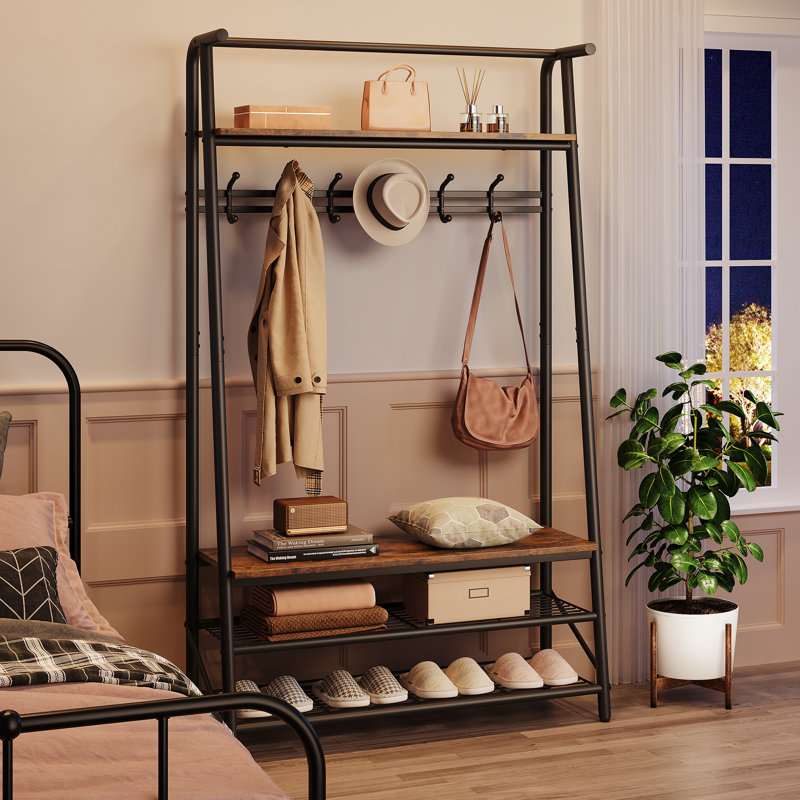 Coat Rack with Bench and Shoe Storage in Wood -  Hall Tree Entryway Bench with 6 Hooks. Shoe Rack and Top Shelf for Entry Area or Hallway