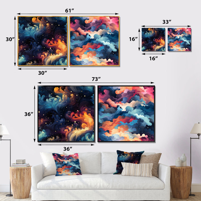 Daejon - Ensemble de 2 reproductions d'art sur toile abstraites, Encadrement doré, H 16 po x l 33 po x P 1 po