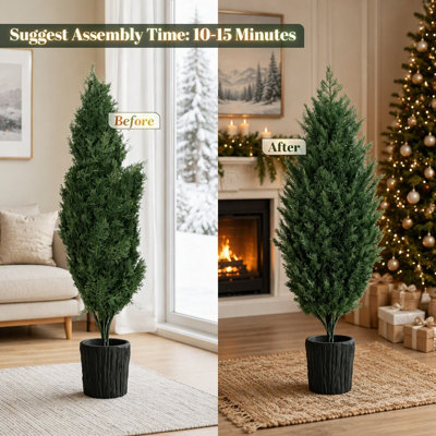 Ensemble de 2 arbres de Noël artificiels en cèdre de 4 pi résistants aux rayons UV, 291 pointes de branches en PE, faux arbre à feuilles persistantes pour la décoration de patio de maison de vacances
