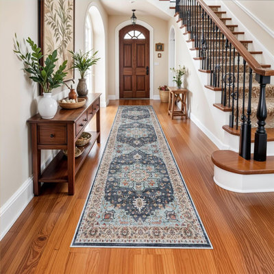 Washable Oriental Area Rug - Rugs for Living Room Soft Carpet for Bedroom Waterproof Floral Distressed Indoor Stain Resistant Non-Shedding Floor Carpets (Blue/Teal/Orange)