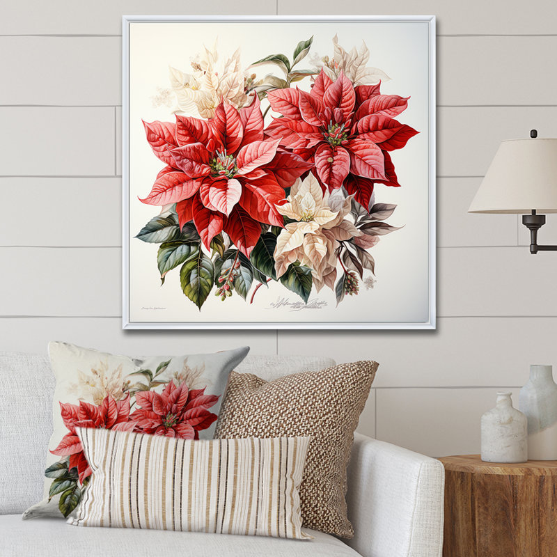 Charmant poinsettias sur toile, H 24 po x l 24 po x P 1 po, Cadre flottant blanc