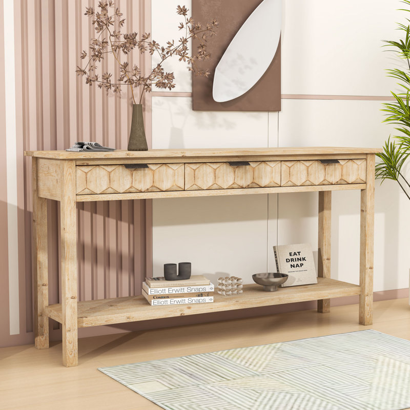 Console rustique en nid d'abeille avec 3 tiroirs de rangement et tablette ouverte, Naturel