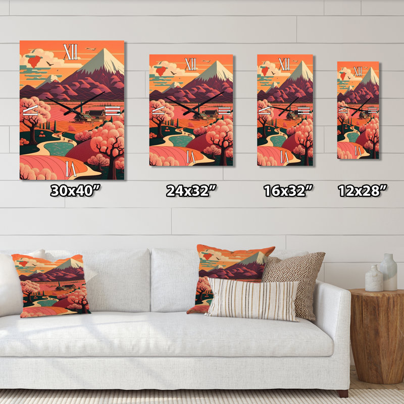 Élégant paysage de montagne japonais rose - très grandes horloges murales, Très grand