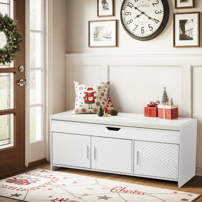 Upholstered 43.7" Wooden Entryway Storage Bench With Cushioned Seat & Hidden Compartments, Flip Top Shoe Cabinet Bench