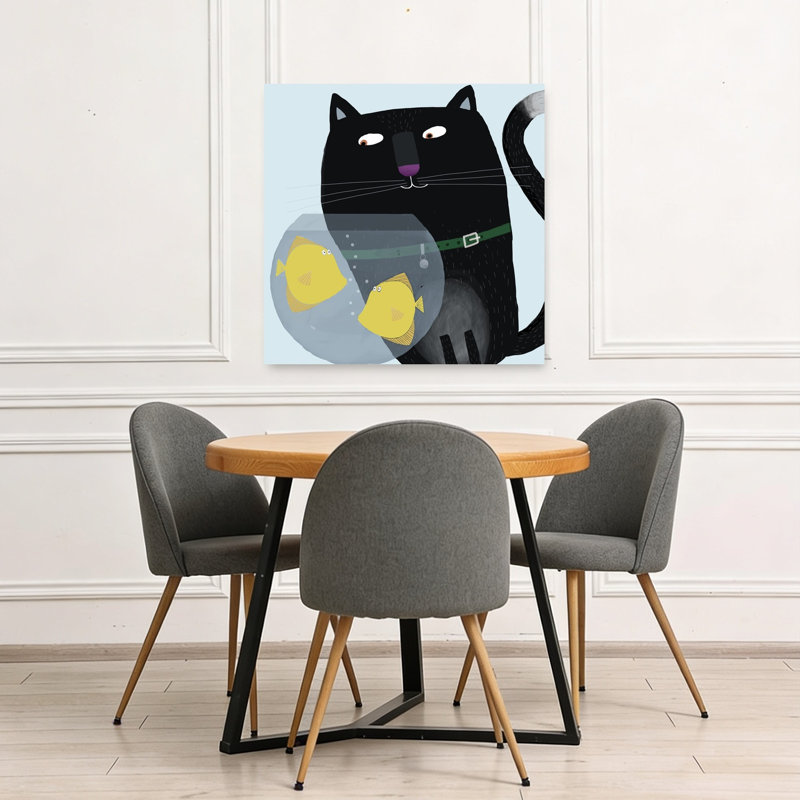 Black Cat'S Fishbowl Friends Playful Whimsical Contemporary Cat Fish Wall Art Print by Carla Daly - Wrapped Canvas Print