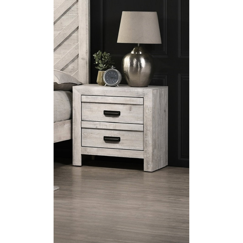 Table de chevet contemporaine à 2 tiroirs, design rustique beige en bois avec rangement gris