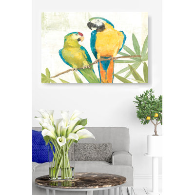 Duo de perroquets sur une branche, crevettes, bleu, vert, jaune