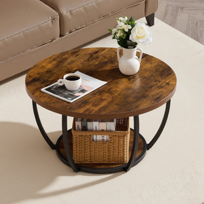 Table basse ronde moderne à 2 niveaux en bois avec rangement ouvert, structure métallique robuste et minimaliste, idéale pour le salon ou le bureau. Montage facile. Couleur : brun rustique.