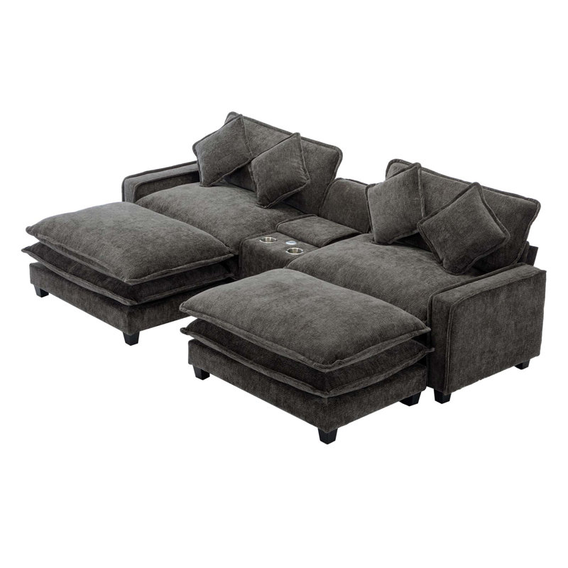 Canapé modulaire en chenille de 111 po avec deux repose-pieds amovibles, deux ports USB, deux porte-gobelets et une grande boîte de rangement pour le salon