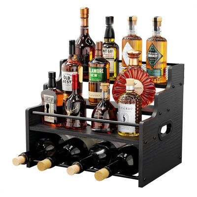 4-Tier Wood Display Shelf, Black Modern Bottle Organizer, Countertop Bar Stand For Liquor, Coffee Syrup by Prep & Savour