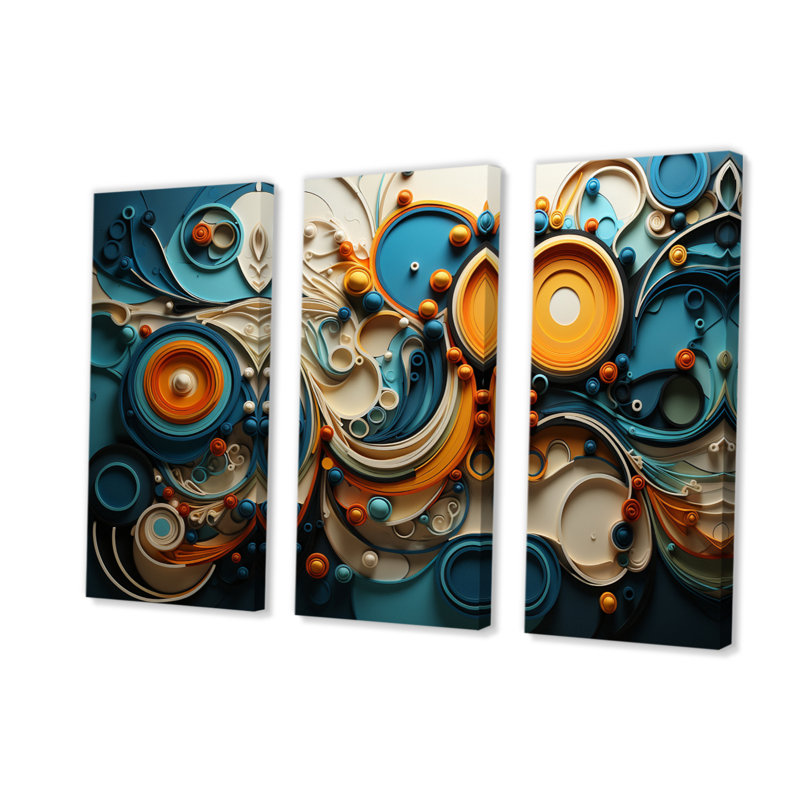 «Teal Yellow Abstract Fractal Collage Melody II», 3 impressions sur toile tendue, H 40 po x l 60 po x P 1 po